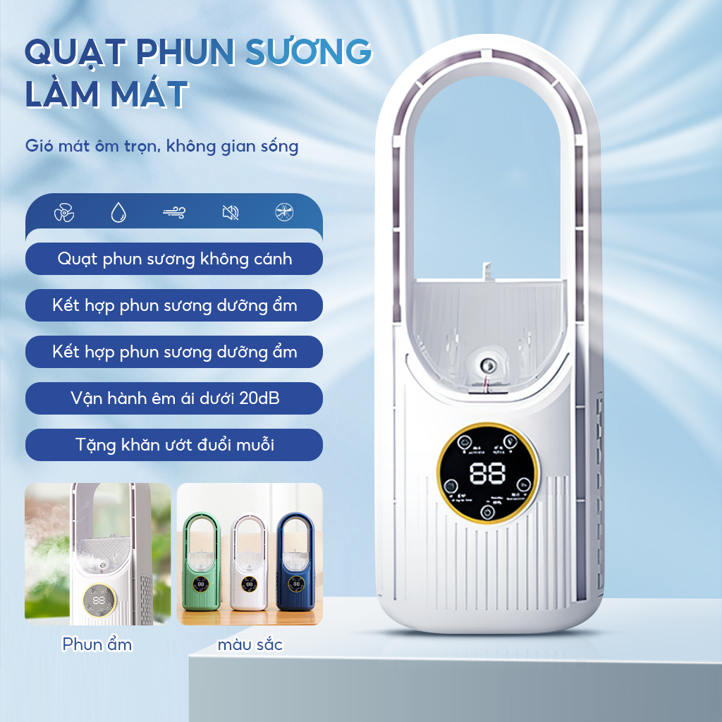 Quạt điều hòa không cánh phun sương 6 tốc độ làm mát ​​quạt có điều chỉnh thời gian không gây tiếng ồn gió xa