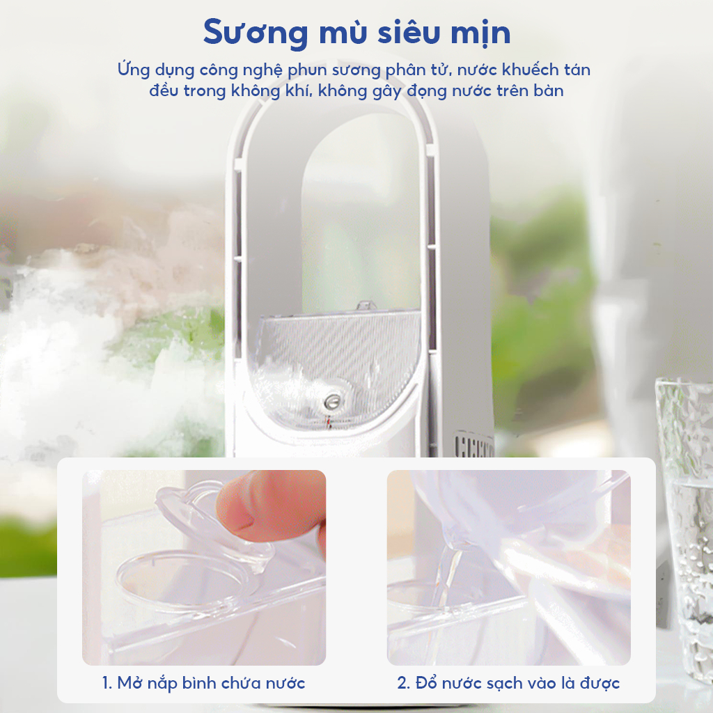 Quạt điều hòa không cánh phun sương 6 tốc độ làm mát ​​quạt có điều chỉnh thời gian không gây tiếng ồn gió xa
