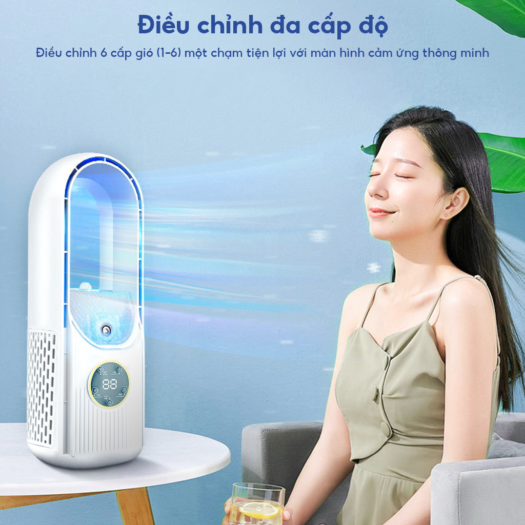 Quạt điều hòa không cánh phun sương 6 tốc độ làm mát ​​quạt có điều chỉnh thời gian không gây tiếng ồn gió xa