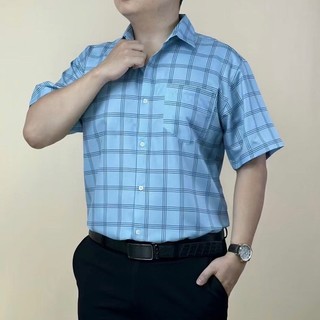 Áo Sơ Mi Nam Trung Niên K_1975 Ngắn Tay Caro 3D Vải Lụa Hàn Mềm Mát Không Nhăn
