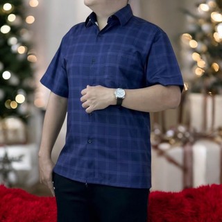 Áo Sơ Mi Nam Trung Niên K_1975 Ngắn Tay Caro 3D Vải Lụa Hàn Mềm Mát Không Nhăn