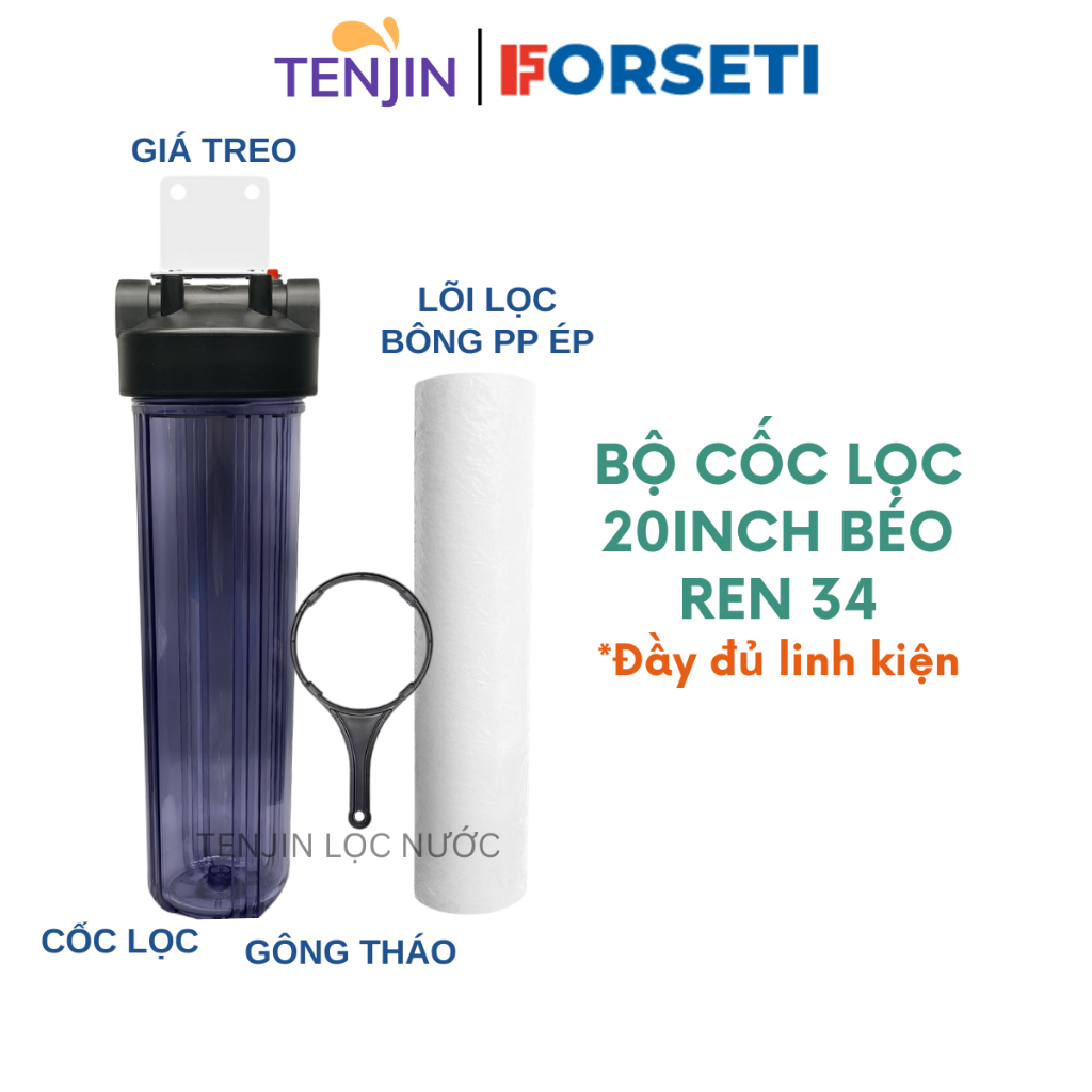 Bộ Lọc 20 Inch Béo Đầu Nguồn Ren 34 h Đầy Đủ Phụ Kiện Kèm Gông Tháo, Giá Treo, Lõi Lọc Đầu Nguồn