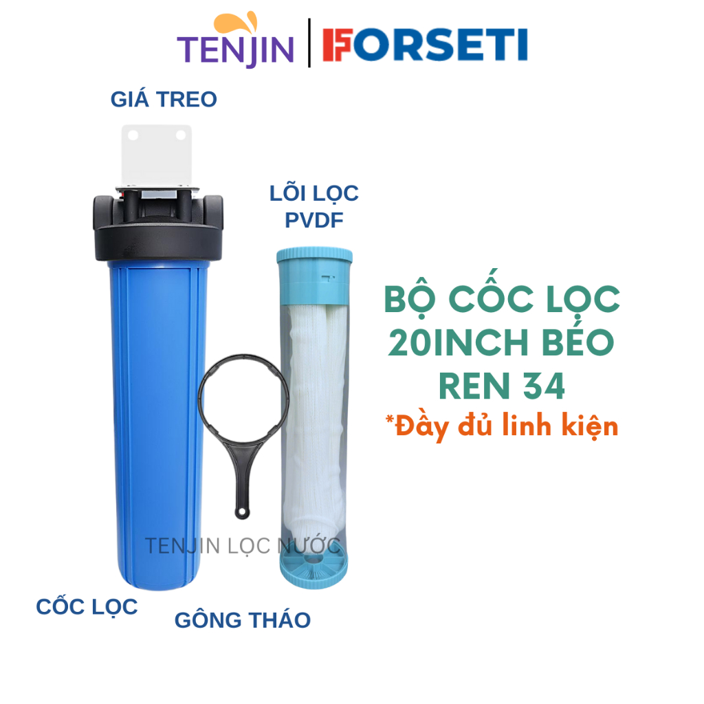 Bộ Lọc 20 Inch Béo Đầu Nguồn Ren 34 h Đầy Đủ Phụ Kiện Kèm Gông Tháo, Giá Treo, Lõi Lọc Đầu Nguồn