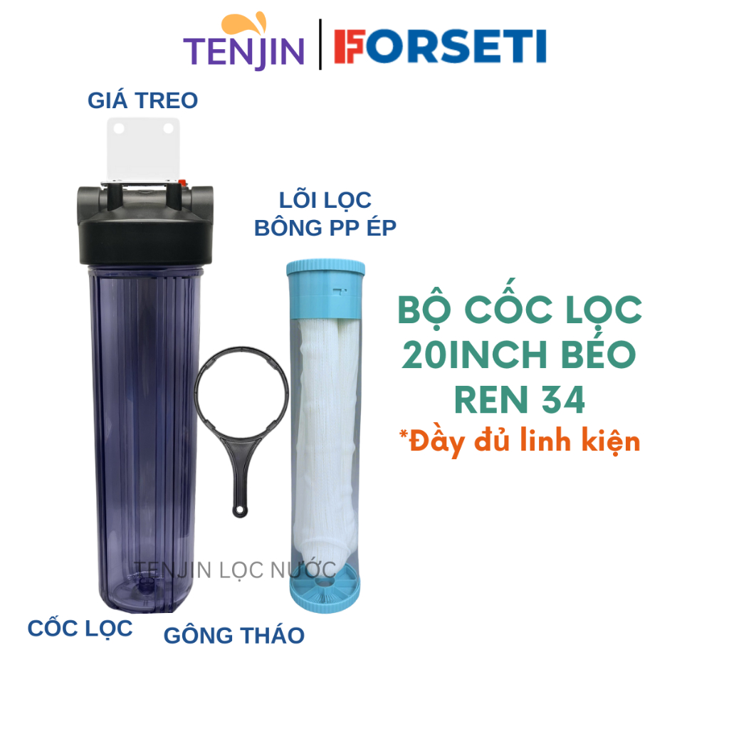 Bộ Lọc 20 Inch Béo Đầu Nguồn Ren 34 h Đầy Đủ Phụ Kiện Kèm Gông Tháo, Giá Treo, Lõi Lọc Đầu Nguồn