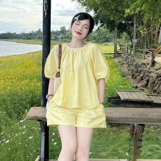 Set áo thô mềm kèm quần sooc cạp chun, tay bồng buộc dây sau dáng babydoll nhiều màu LABEL S40