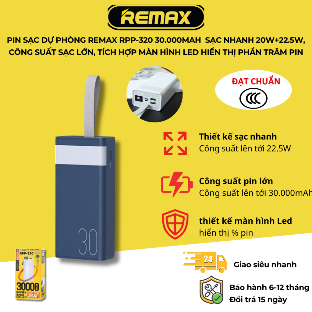 Pin sạc dự phòng REMAX RPP-320 30000mAh sạc nhanh 20W+22.5W công suất ...