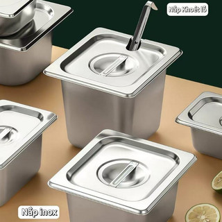 COMBO Khay inox Nắp Có khoét lỗ Cao cấp đựng thức ăn Chubby chef Khay buffet đựng topping thực phẩm (sâu 6.5cm - 20cm)