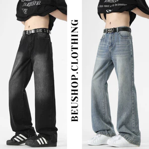 Quần Jean Nam Wash Retro Suông Ống Đứng Lưng Cao Quần Jean Nam Chất Jean Mềm 2 Màu Xanh Đen HOTTREND