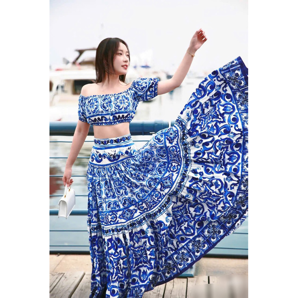 set áo cột eo và váy maxi quần xanh dương 💙