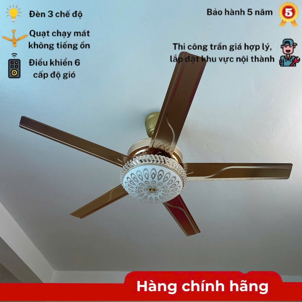 [ HÀNG LOẠI I - LÕI ĐỒNG ] Quạt Trần Đèn, 5 Cánh K258, 6 Cấp Độ Gió, 3 Chế Độ Đèn, Điều Khiển Từ Xa