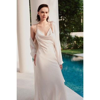 Đầm OLV lụa maxi 2 dây cổ đổ mịn mát thướt tha Cream Silky Cowl phù hợp đi tiệc đi biển mùa hè
