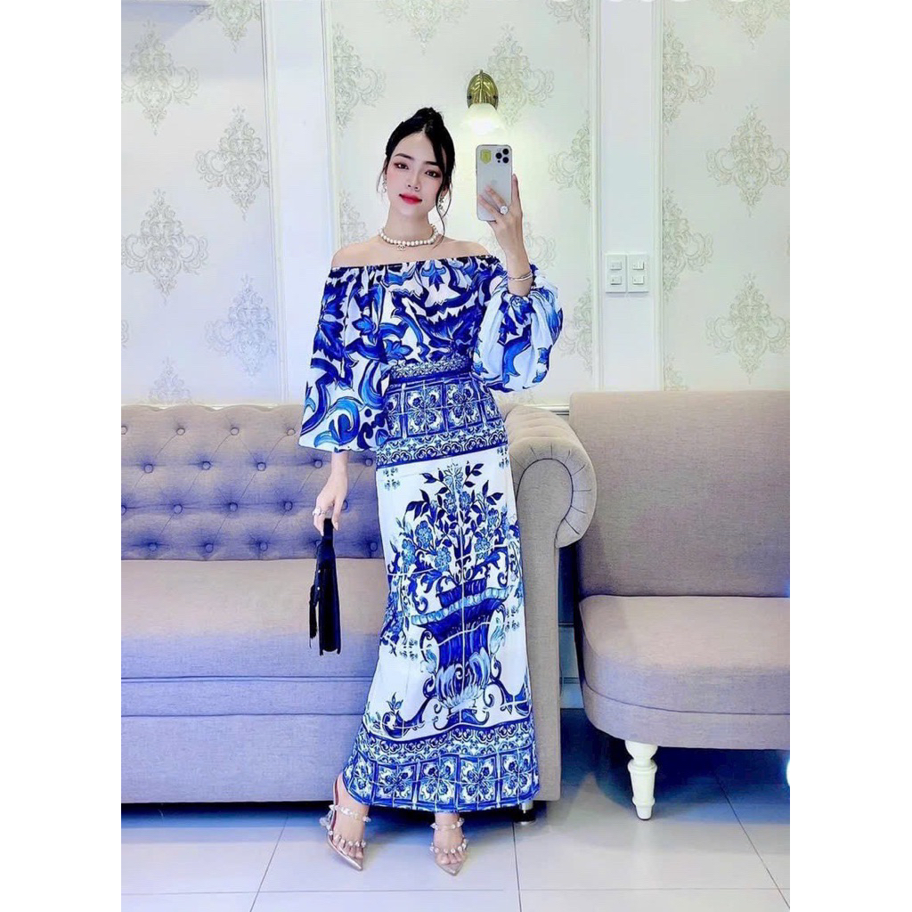 set áo cột eo và váy maxi quần xanh dương 💙