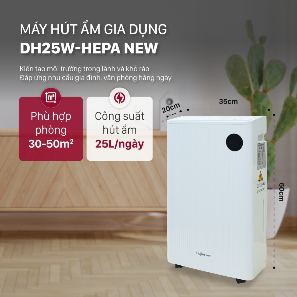 Máy hút ẩm FUJIHOME DH25W-HEPA-NEW Nhập Khẩu, Cây hút ẩm lọc khí HEPA điều khiển từ xa qua điện thoại