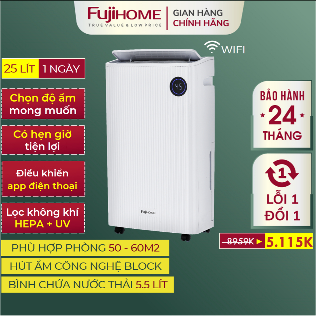 Máy hút ẩm FUJIHOME DH25W-HEPA-NEW Nhập Khẩu, Cây hút ẩm lọc khí HEPA điều khiển từ xa qua điện thoại