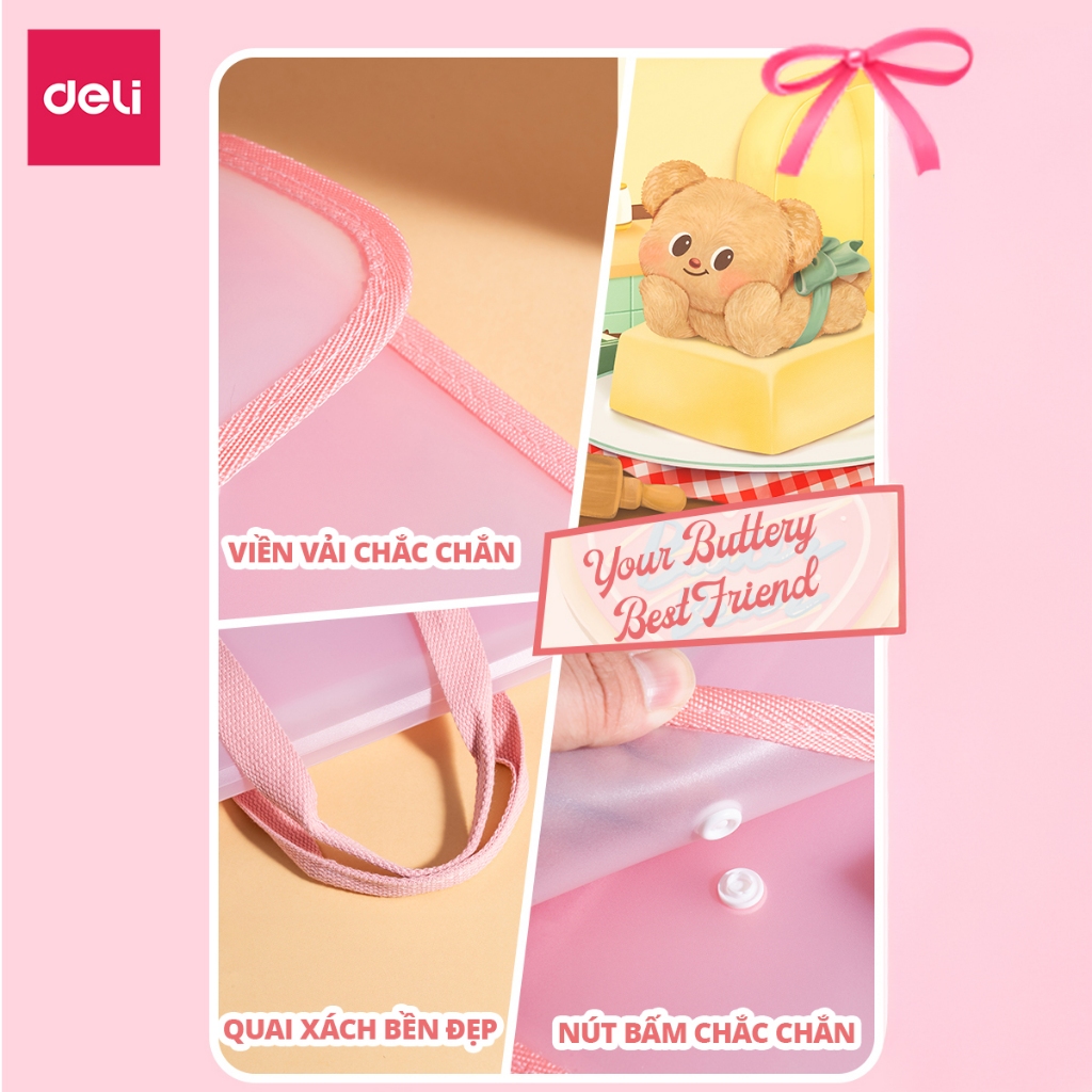 [VHL x Deli] Cặp Học Thêm Butter Bear Deli Gấu Bơ Cặp Đựng Sách Vở 13 Ngăn Đựng Tài Liệu Khổ A4 Dễ Thương Tiện Lợi
