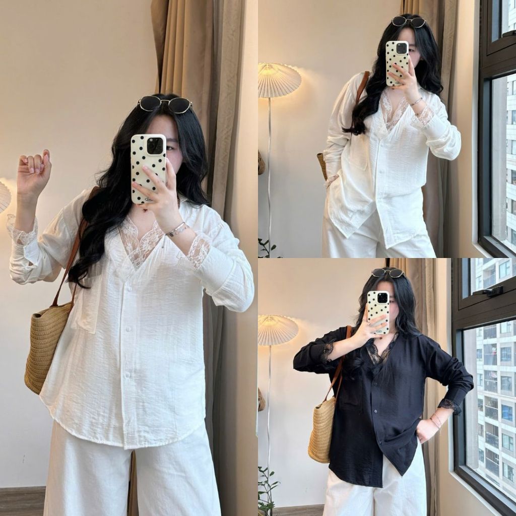 Áo sơ mi trắng nữ cổ V phối ren chất đũi mềm mát sang chảnh hàng thiết kế Joolate 241 P2K5