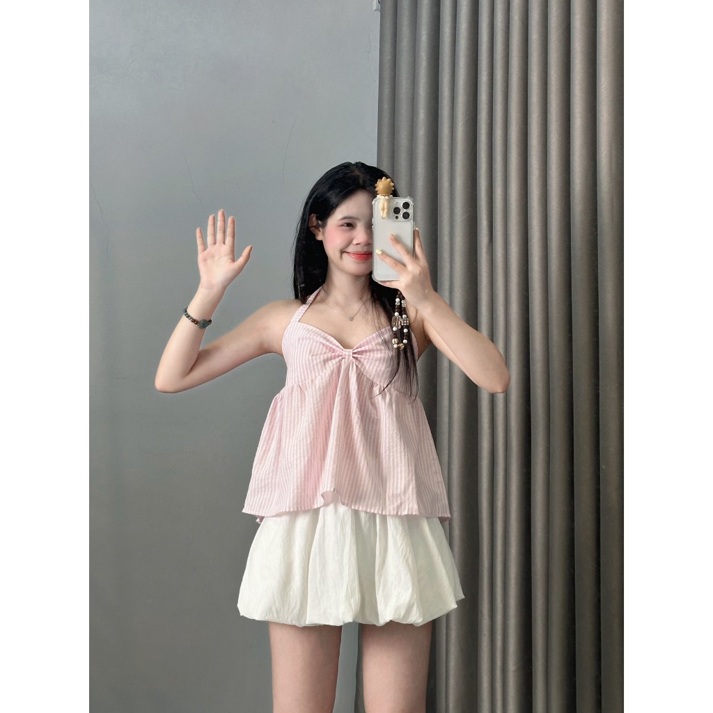 Áo Hai Dây Kẻ Buộc Nơ Chun Sau2 Màu Xanh, Hồng Joolate 581 P6K12
