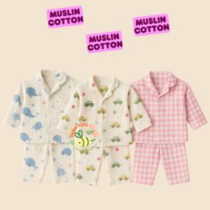 Bộ đồ pizama dài tay vải xô muslin Kunbaby ,đồ ngủ trẻ em nằm điều hòa, họa tiết dễ thương.
