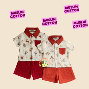 Bộ sơ mi ngắn cho bé Kunbaby xô muslin cao cấp họa tiết dễ thương ,đi học và đi chơi thoải mái.