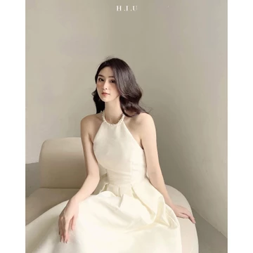 Váy tiểu thư váy cổ yếm váy nữ dự tiệc váy dáng dài cổ đính đá cao cấp hàng loại 1 chất đẹp HUY HÍP