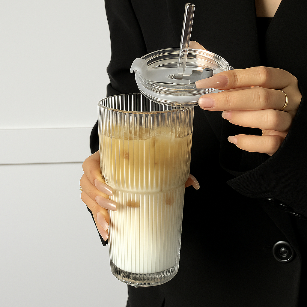 Ly Thủy Tinh Cao Cấp Có Nắp Ống Hút | Cốc Uống Nước Iced Latte Trà Sữa 600ml – Kiểu Dáng Hàn Quốc Sang Trọng