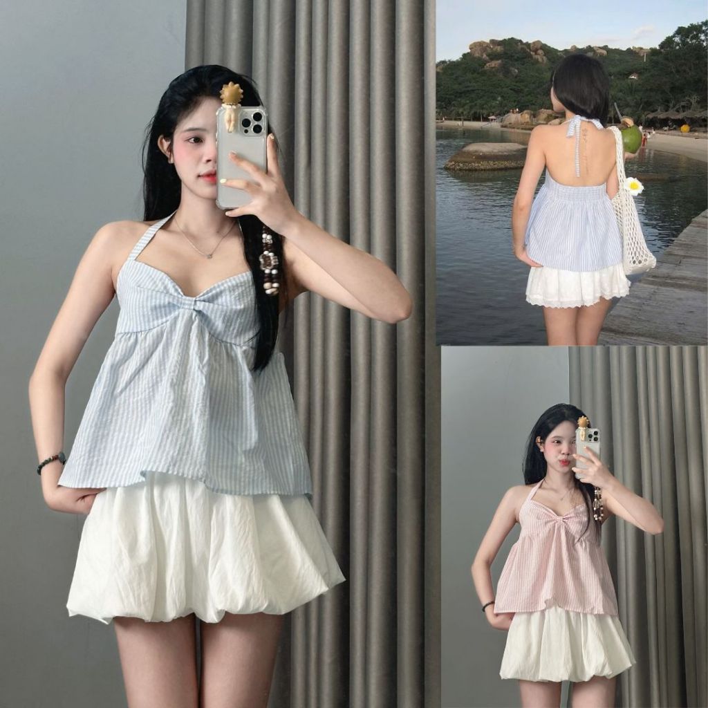 Áo Hai Dây Kẻ Buộc Nơ Chun Sau2 Màu Xanh, Hồng Joolate 581 P6K12