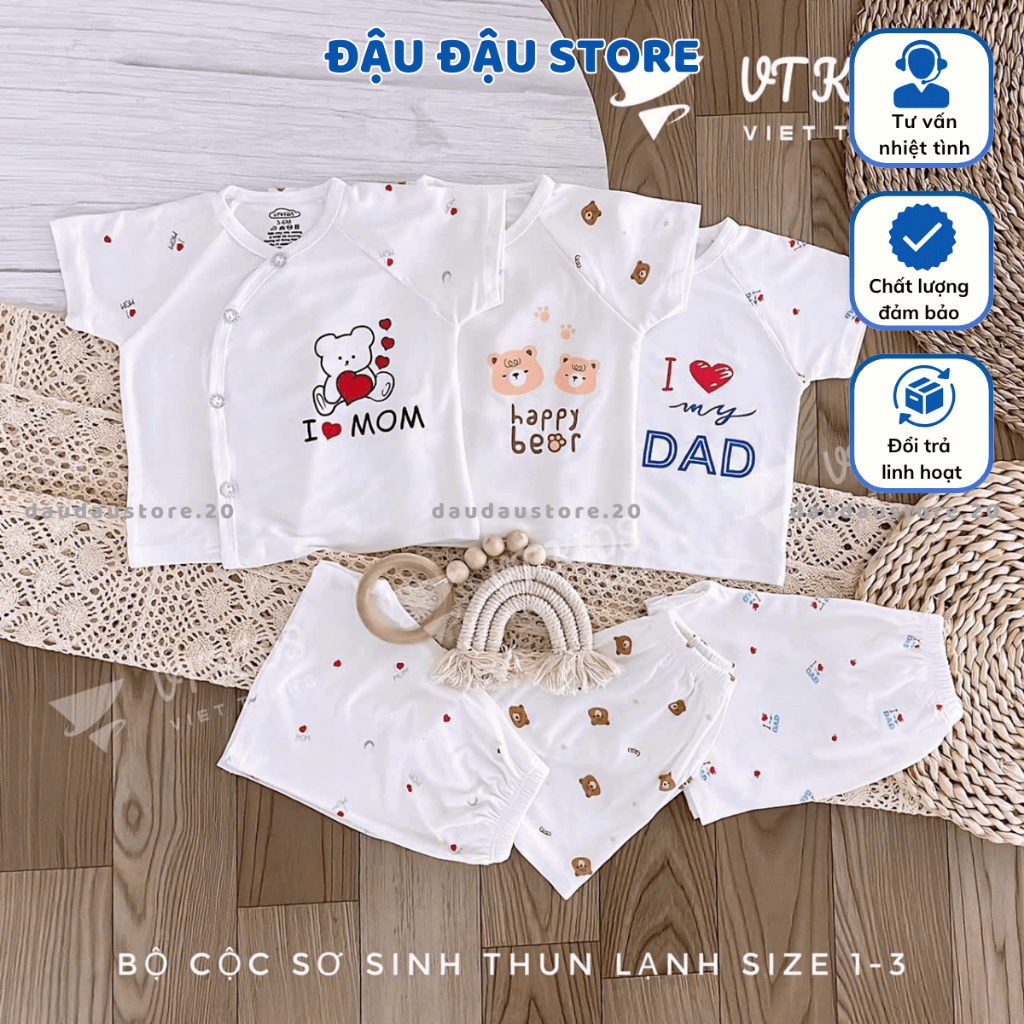 Set 3 Bộ cộc tay sơ sinh trắng trơn vải thun lạnh mềm mịn mát cho bé sơ sinh size 3-9kg [CL90] Đậu Đậu Store