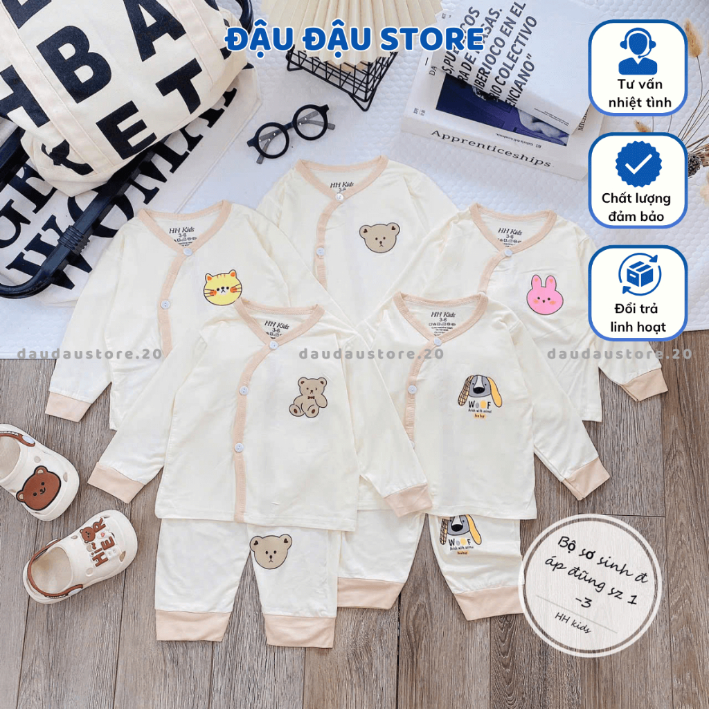 Combo 2-3 Bộ dài tay cho bé sơ sinh VT chất thun lạnh màu kem in hoạ tiết mềm mịn cho bé 0 - 9 tháng DL07 Đậu Đậu Store