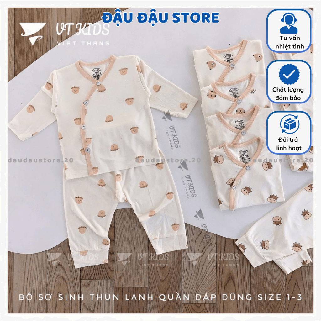 Set 2-3 Bộ Dài Tay VT Thun Lạnh Petit cho bé sơ sinh 3-9 kg màu kem in hoạ tiết cho bé trai bé gái DL06 Đậu Đậu Store