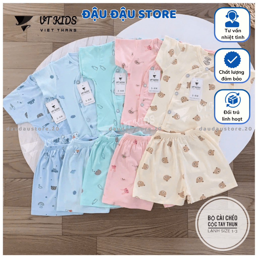 Set 2/3 Bộ sơ sinh cộc tay màu VT chất thun lạnh in phối màu mềm mịn mát cho bé sơ sinh 0-9 tháng  [CL04]  Đậu Đậu Store
