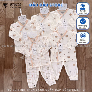 Bộ dài tay sơ sinh thun lạnh VT cho bé sơ sinh 3-9 kg nền kem vải thun lạnh in hoạ tiết DL160 Đậu Đậu Store