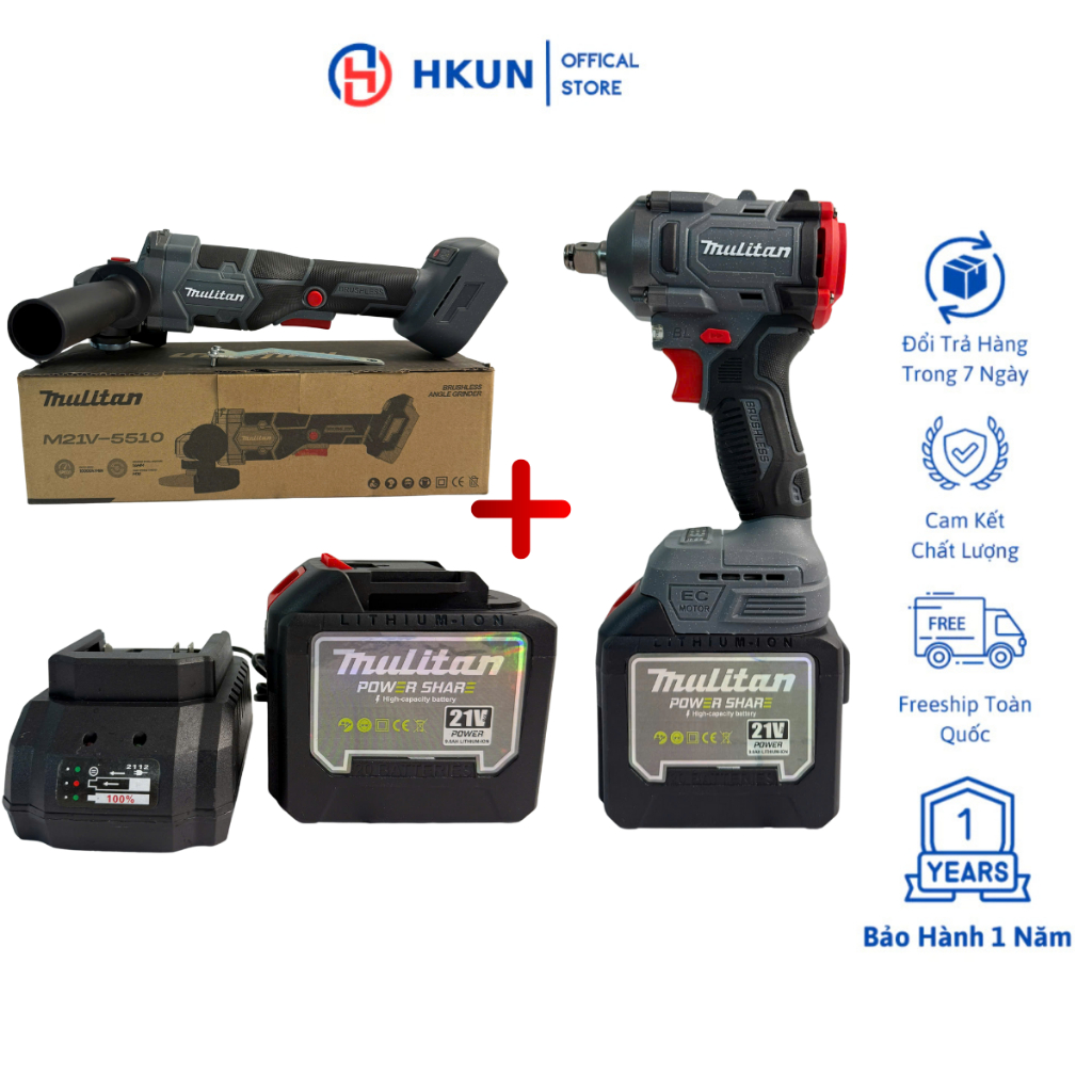 Mulitan Combo Máy Cắt & Máy Siết Bulong M21V-5510 & M21V-380, Động Cơ Không Chổi Than, 2Pin20cell Kèm Sạc , Chân Pin Phổ