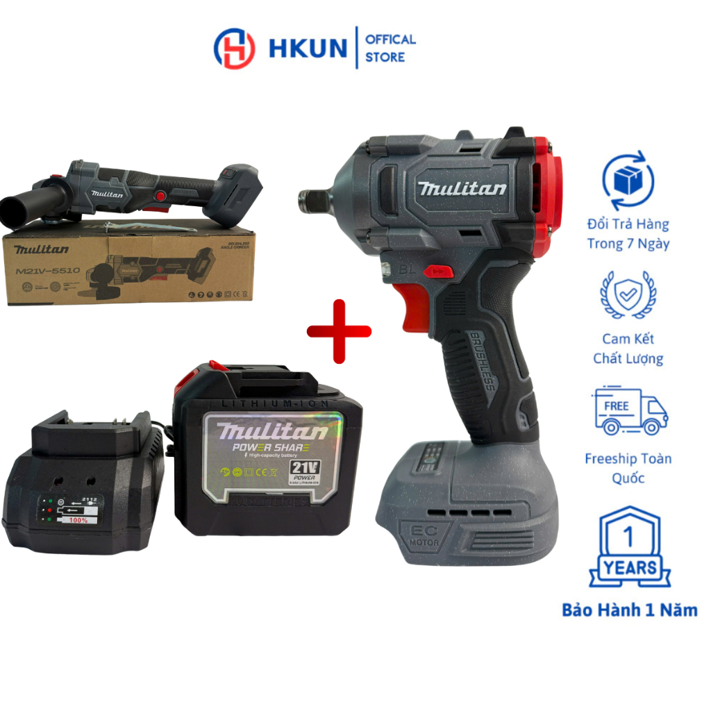 Mulitan Combo Máy Cắt & Máy Siết Bulong M21V-5510 & M21V-380, Động Cơ Không Chổi Than, 1Pin20cell Kèm Sạc , Chân Pin Phổ
