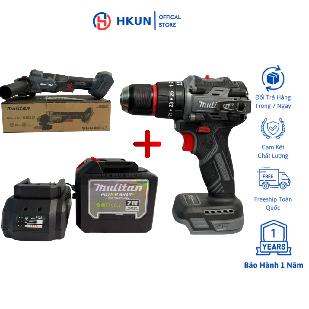 Combo Máy Cắt Mulitan M21V-5510 Và Máy Khoan Pin 3 Chức Năng Mulitan 3368 Động Cơ Không Chổi Than, Chân Pin Phổ Thông Tặ