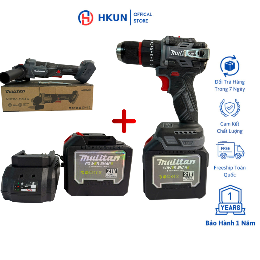 Mulitan Combo Máy Cắt M21V-5510 & Máy Khoan Pin 3 Chức Năng 3368 Động Cơ Không Chổi Than 21V Kèm 2Pin 20cell & Sạc Miễn