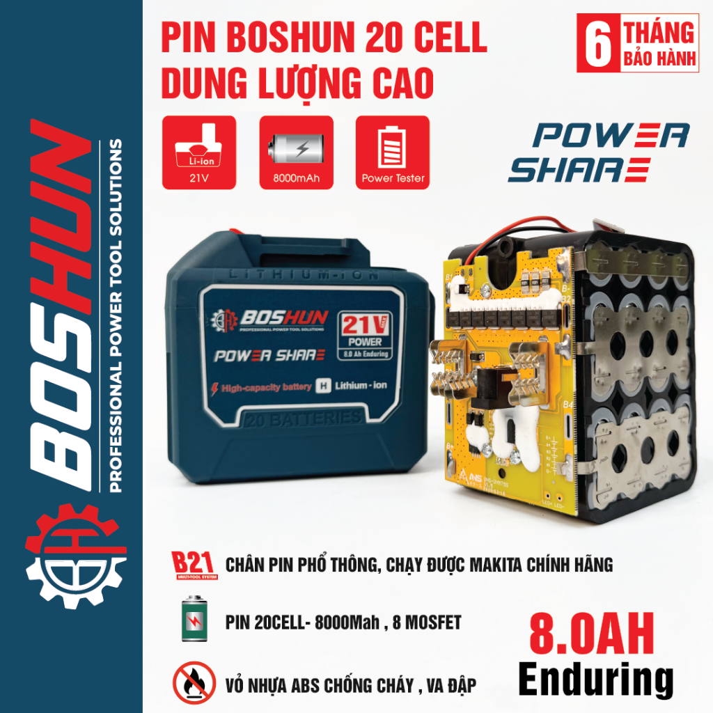 Pin Boshun 20 Cell dung lượng 8AH, Mạch 4 mosfet dòng xả cao, Chân pin ...