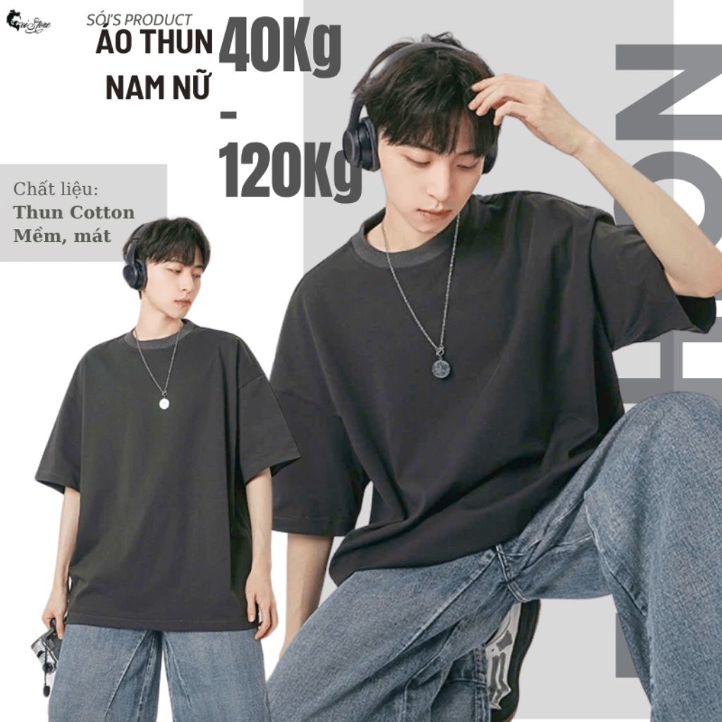 40-120KG Áo Thun Nam Nữ Đen BIGSIZE Cotton Trơn Tay Ngắn Sói-Wolf Thời Trang