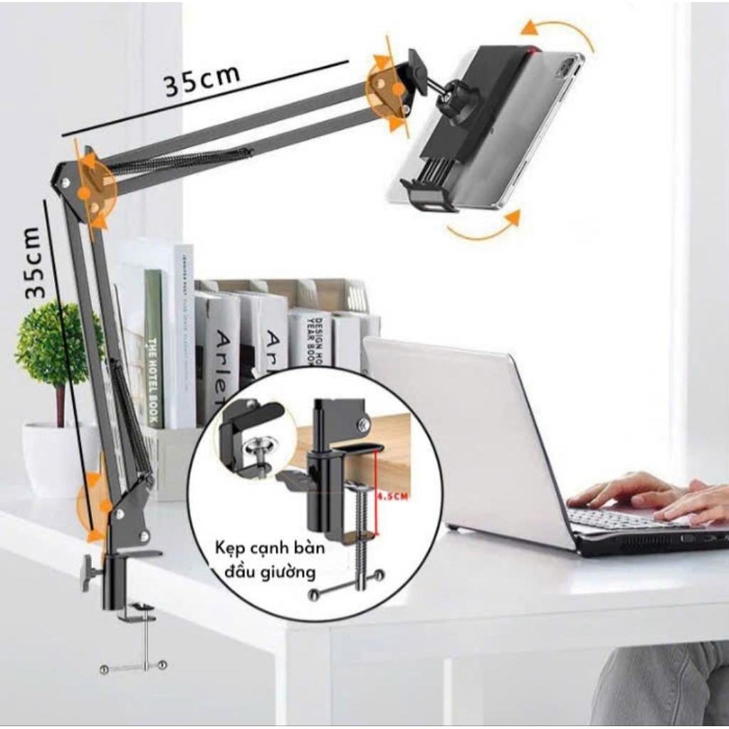 giá đỡ máy tính bảng, điện thoại kẹp đầu giường cạnh bàn xoay 360 độ, đầu kẹp đến 11inch