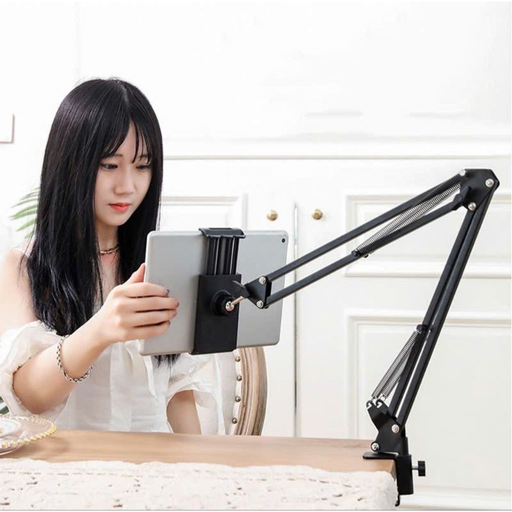 giá đỡ máy tính bảng, điện thoại kẹp đầu giường cạnh bàn xoay 360 độ, đầu kẹp đến 11inch