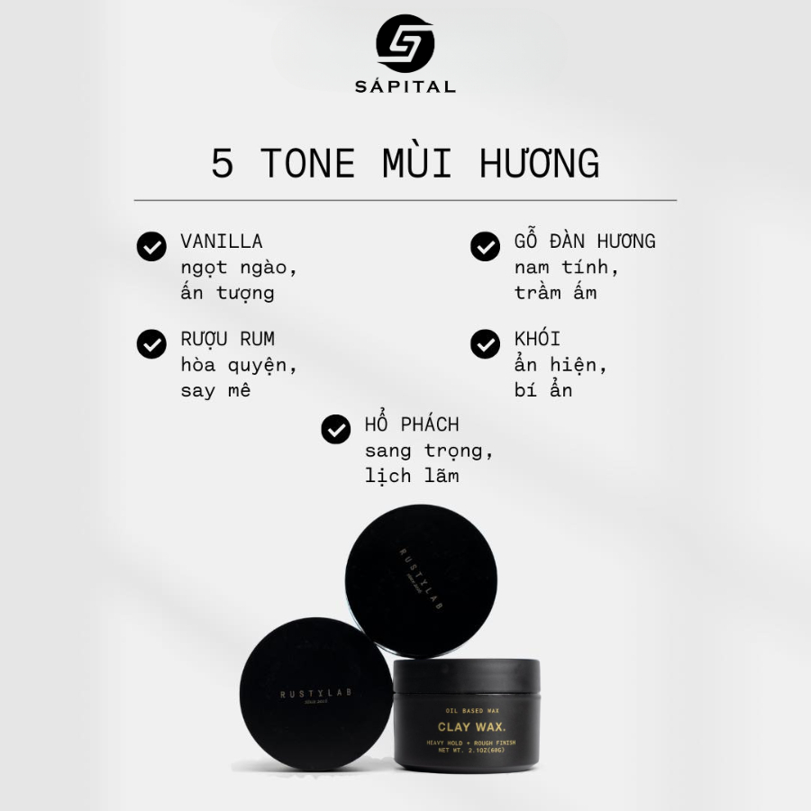 Sáp vuốt tóc Rusty Lab Clay Wax - Sáp khô, Giữ nếp tới 12h, Phù hợp mọi chất tóc, Không gây bết dính