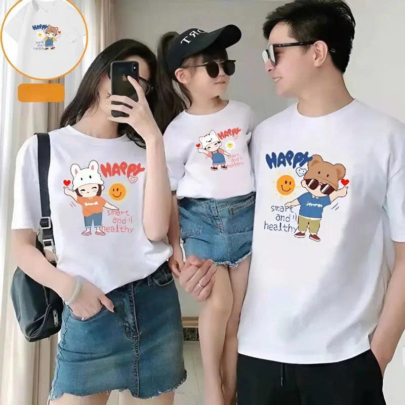Đồ đi biển gia đình-bộ gia đình-áo thun gia đình HAPPY 4 người áo phông nhóm thời trang chất cotton mềm mịn đẹp ta099