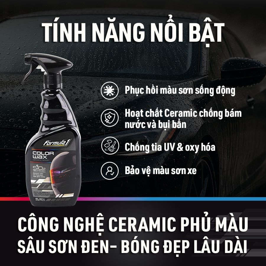 Xịt Phủ Bóng Màu Đen Ceramic Color Wax SiO2 FORMULA 1 617945 680ml Khôi Phục Màu Sơn Xe Ô Tô Xe Tải Xe Máy Chống Tia UV