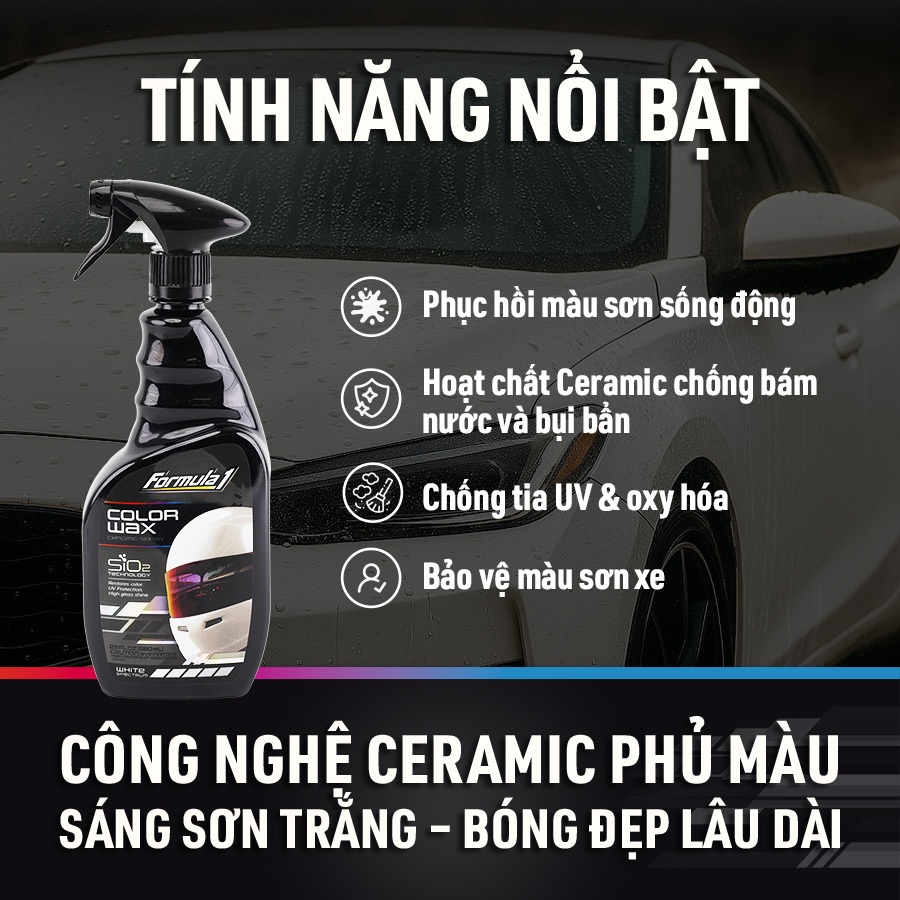 Xịt Phủ Bóng Màu Trắng Ceramic Color Wax SiO2 FORMULA 1 617963 680ml Làm Sáng  Bóng Màu Sơn Nhiều Dòng Xe Như Mới