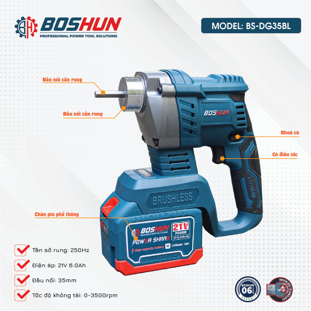 [CHÍNH HÃNG] Máy Đầm Dùi Bê Tông Pin Boshun BS-DG35BL - Chuyên Đầm Dùi, Nén Bê Tông, Bảo Hành Chính Hãng 12 Tháng