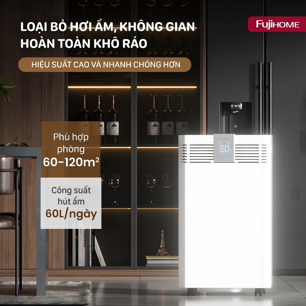 Máy hút ẩm đa năng FUJIHOME DH60W-HEPA Nhập Khẩu, Hút ẩm màng lọc HEPA kết nối app vận hành êm cho không gian lớn