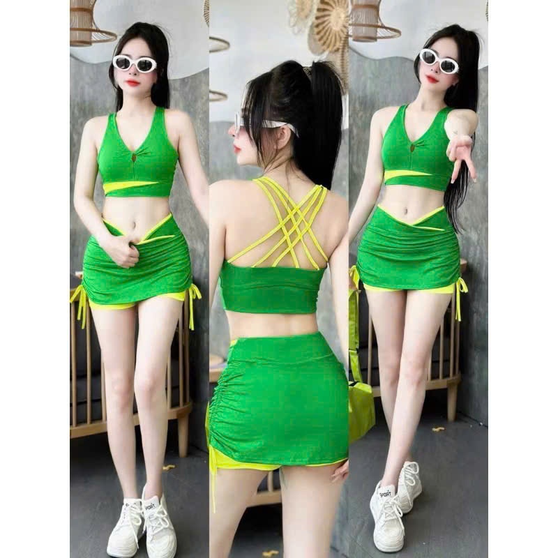 Bộ tập thể thao nữ áo bra dây,chân váy rút phối cạp đi du lịch,đi biển,aerobic,gym, yoga...
