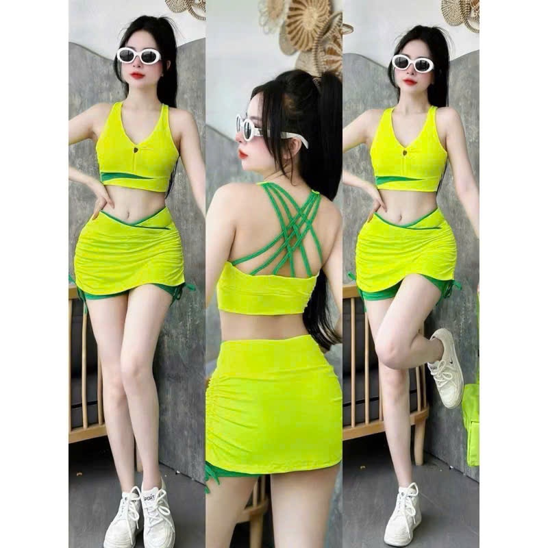 Bộ tập thể thao nữ áo bra dây,chân váy rút phối cạp đi du lịch,đi biển,aerobic,gym, yoga...