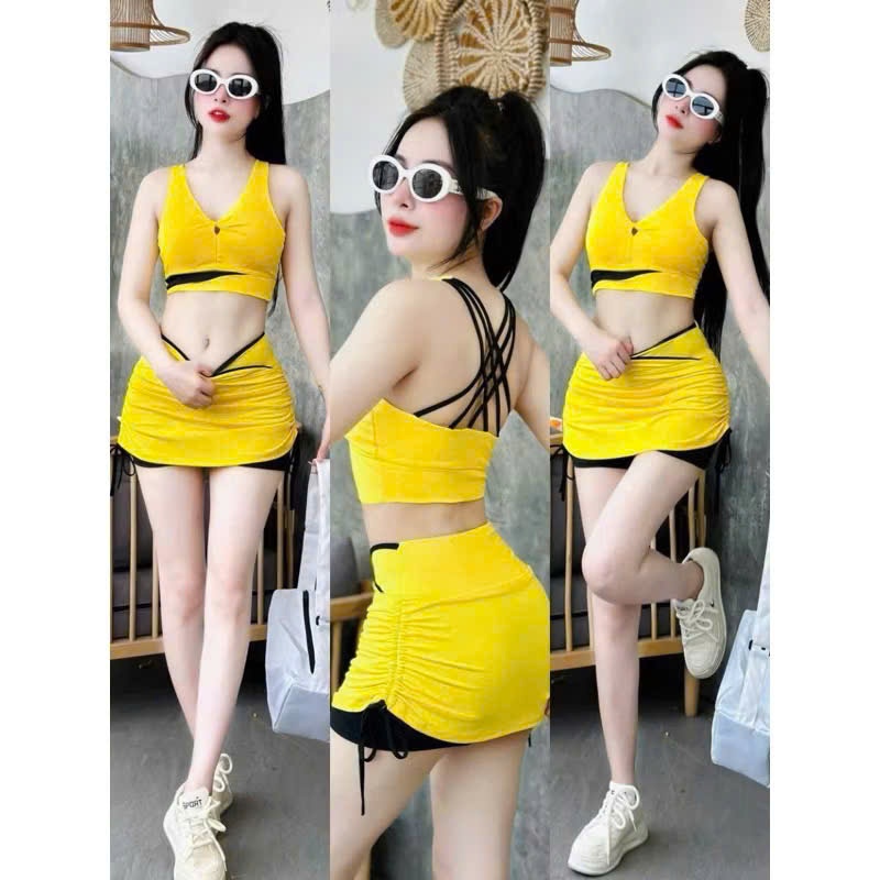 Bộ tập thể thao nữ áo bra dây,chân váy rút phối cạp đi du lịch,đi biển,aerobic,gym, yoga...