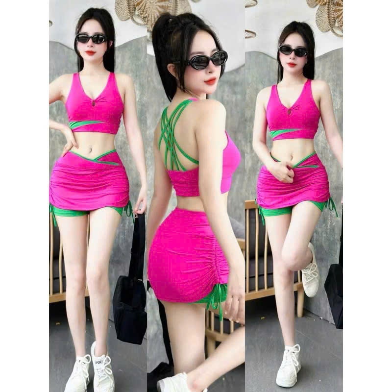 Bộ tập thể thao nữ áo bra dây,chân váy rút phối cạp đi du lịch,đi biển,aerobic,gym, yoga...