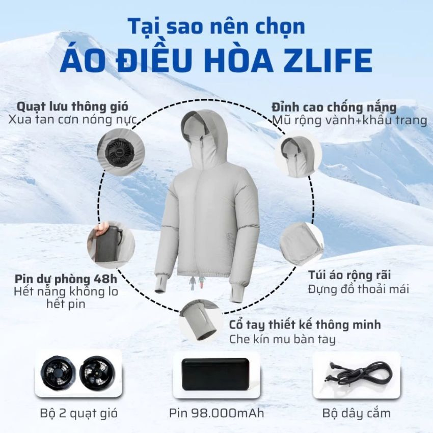 Áo Điều Hoà Cao Cấp Zlife Pin 98000mAh, Áo Chống Nắng Nam Nữ Có Quạt Gió Điều Hoà Làm Mát Cực Nhanh